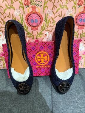 Tory Burch Navy Tweed Logo Cap-Toe Flats with Black Patent Medallion